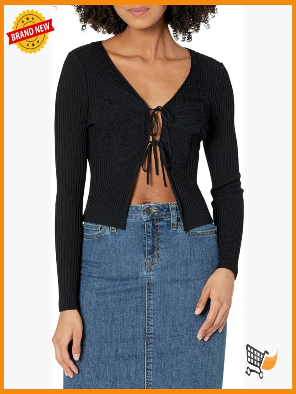 Long Sleeve Rib Cardigan with Butterfly Embroidery and Tie Neck